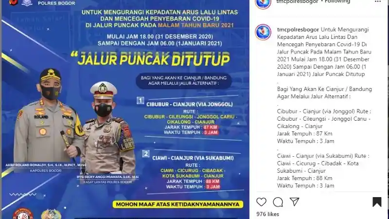 Jalur Puncak Ditutup