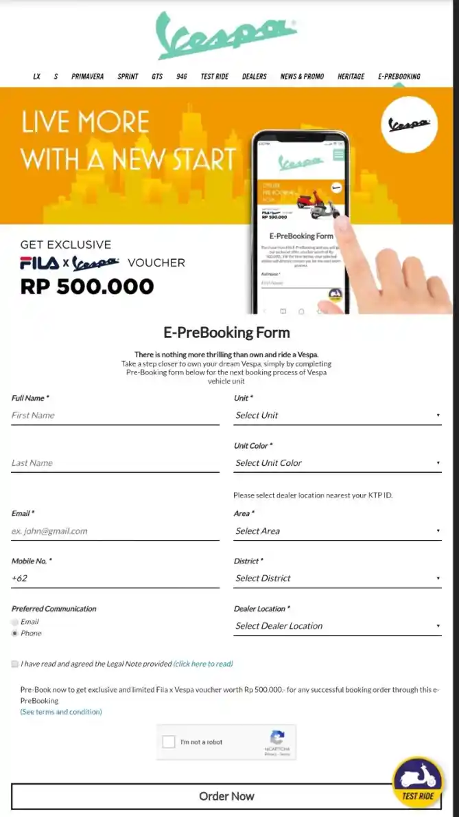 Fitur e-pre booking Piaggio Vespa